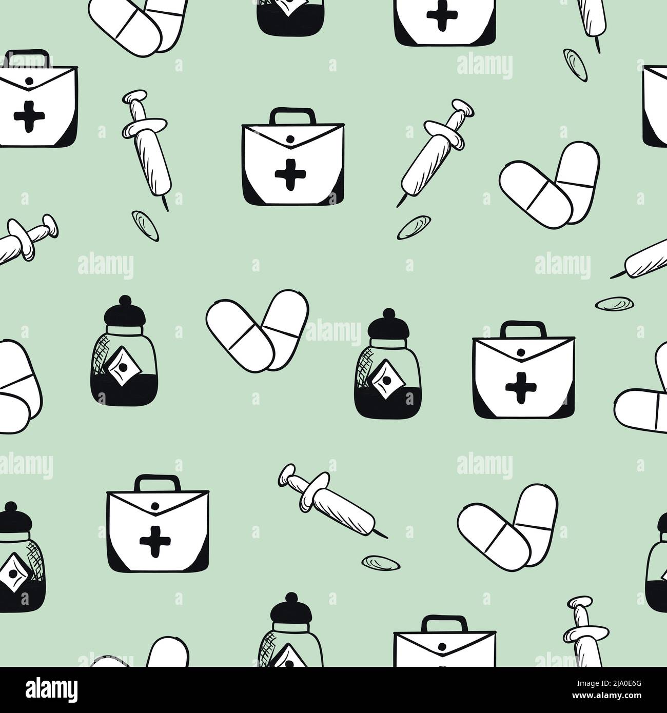 PET Medicine, motif sans couture sur fond vert clair Illustration de Vecteur