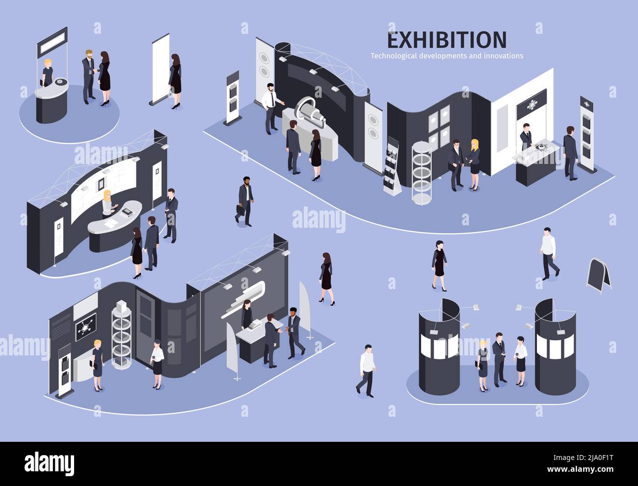 Personnes visitant l'exposition sur le thème des développements technologiques et des innovations illustration vectorielle isométrique avec différents stands d'exposition sur lilas ba Illustration de Vecteur