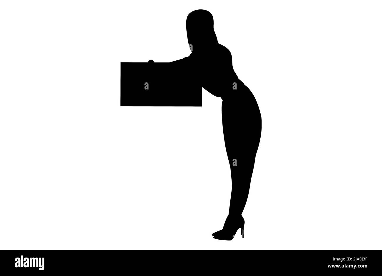 Silhouette noire d'une femme tenant une enseigne, bannière maison à vendre Illustration de Vecteur