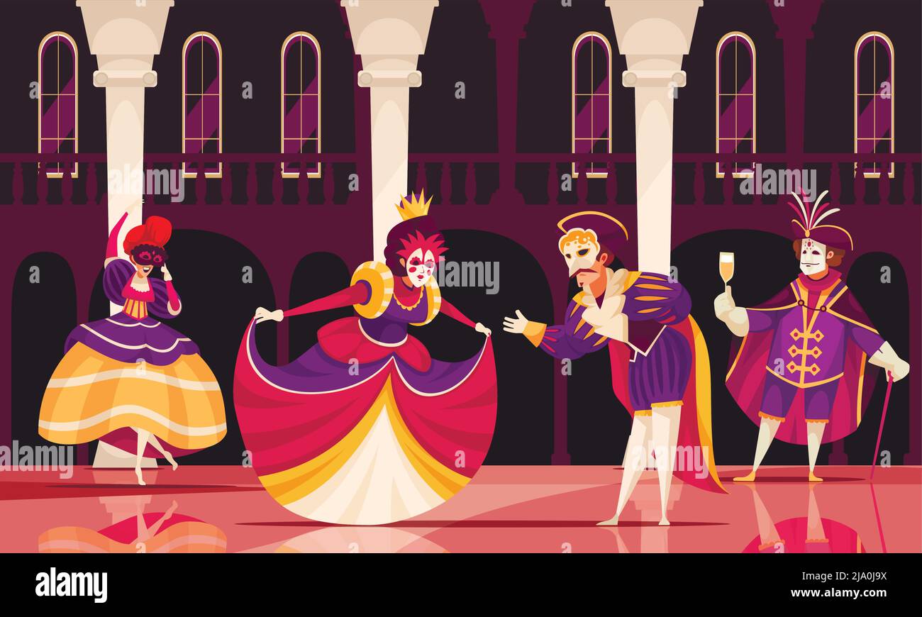 Dessin animé scène de carnaval vénitien avec des hommes et des femmes élégants en costumes dansant à l'illustration vectorielle de la fête de fantaisie de robe Illustration de Vecteur