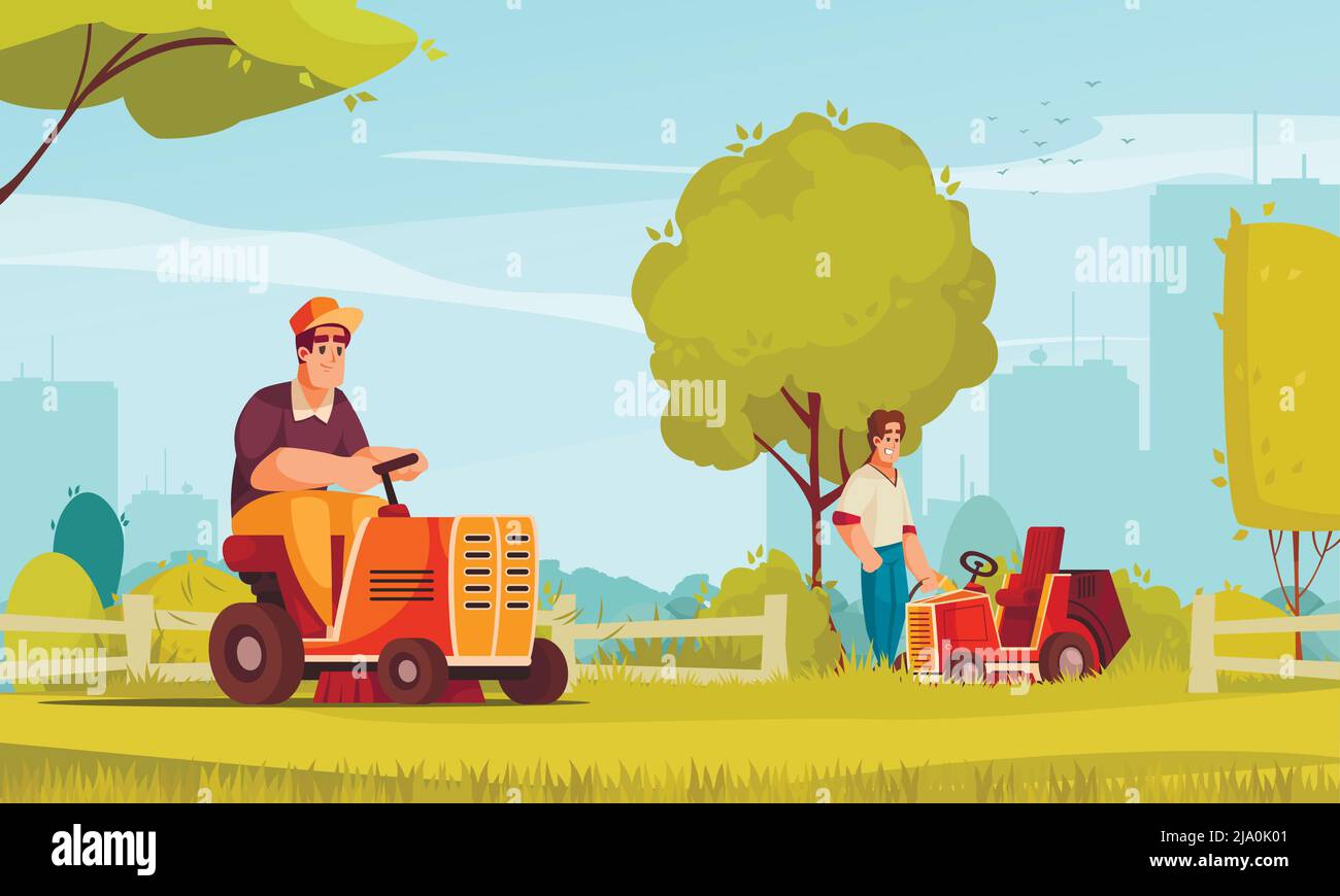 Deux hommes heureux travaillant sur des voitures de tondeuse à gazon fauchant de l'herbe verte dans le parc avec silhouette de ville sur l'illustration vectorielle de fond Illustration de Vecteur