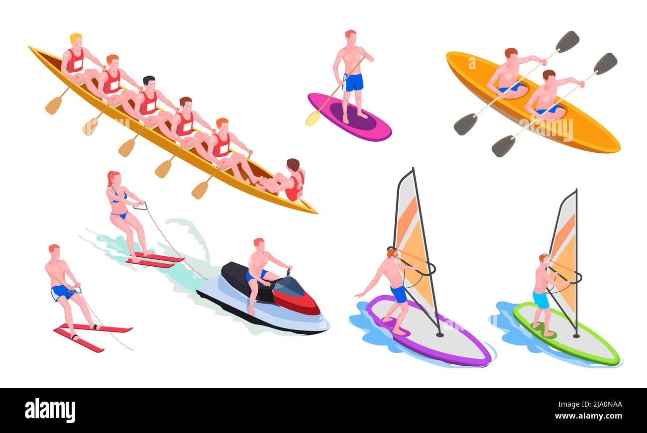 Icône isolée et isométrique de sports nautiques avec plongée planche à voile canoë plongée avec masque et tuba Illustration de Vecteur