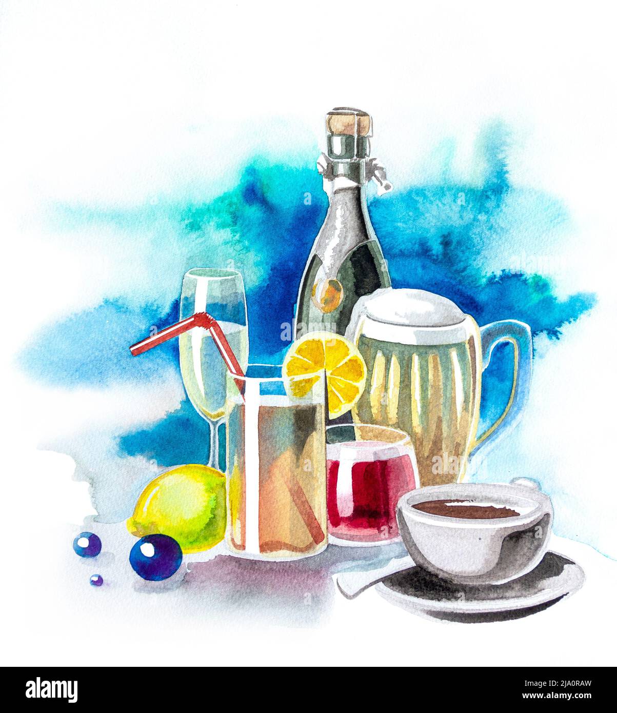 Illustration aquarelle montrant beaucoup de boissons différentes dans le dos coloré Banque D'Images