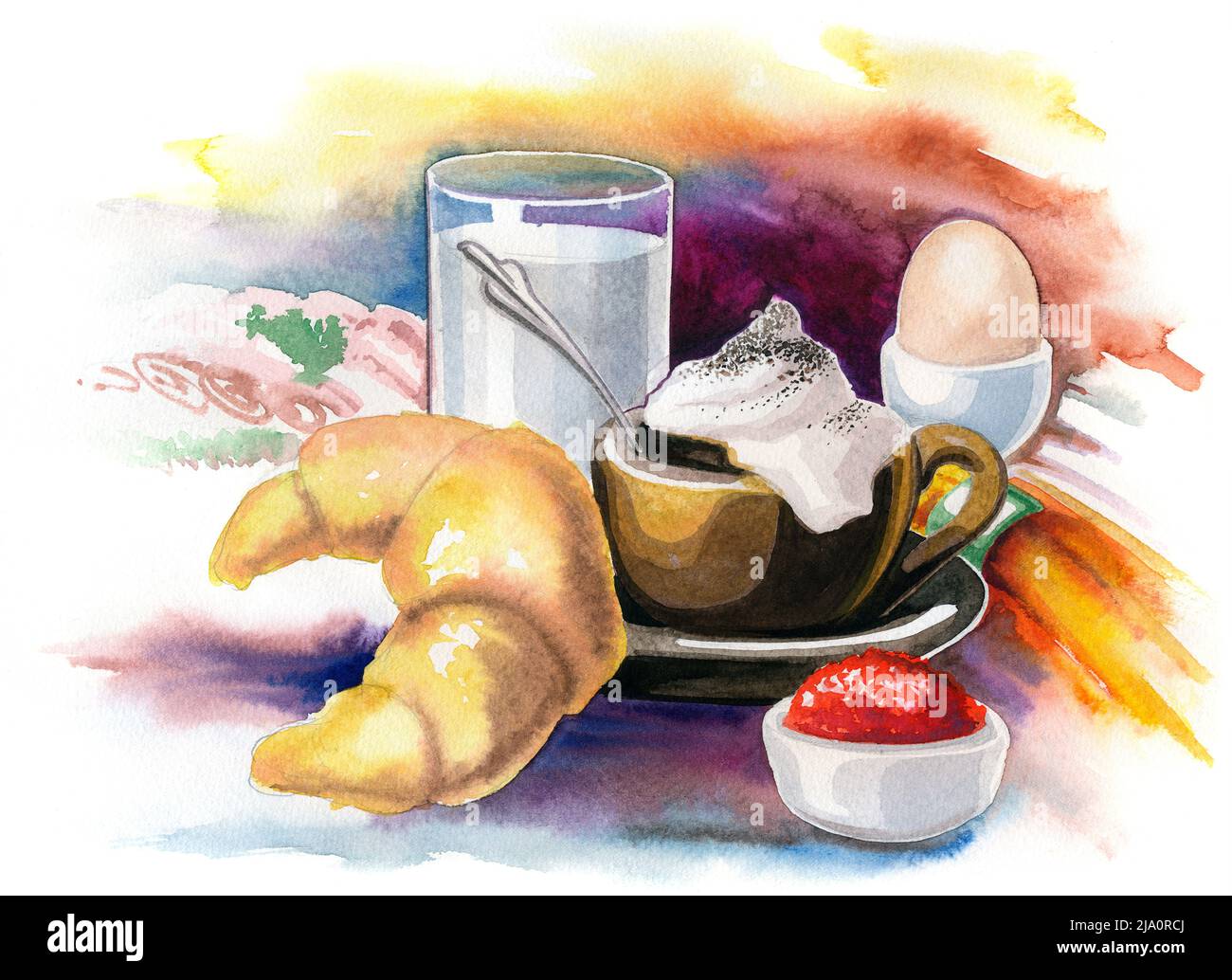 Illustration aquarelle montrant un décor de petit déjeuner dans un arrière coloré Banque D'Images