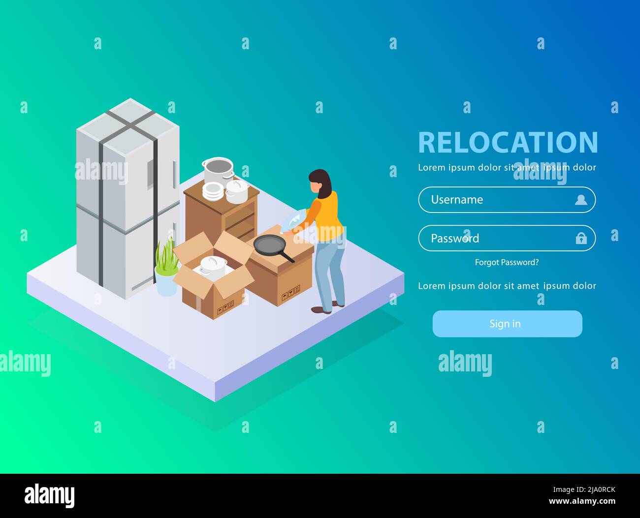 Illustration du vecteur isométrique représentant l'arrière-plan de l'application de service de relocalisation avec nom d'utilisateur et mot de passe Illustration de Vecteur