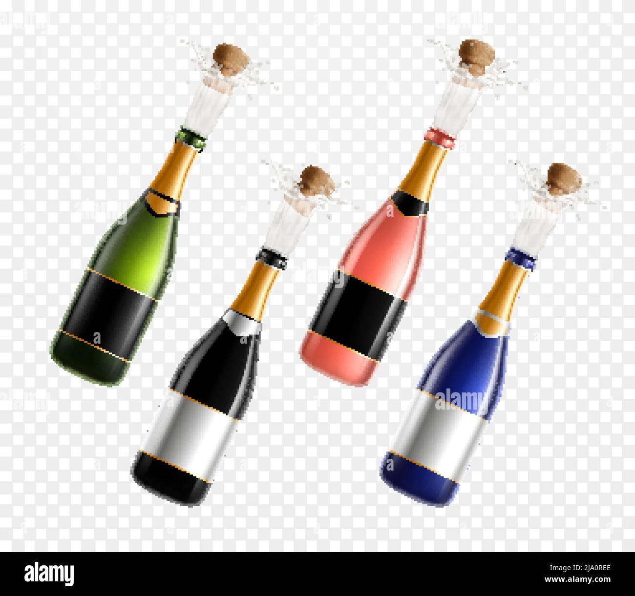 Bouteilles de champagne ensemble réaliste d'images en verre de couleur isolées avec bouchons en liège éclabouteurs sur une illustration vectorielle d'arrière-plan transparente Illustration de Vecteur