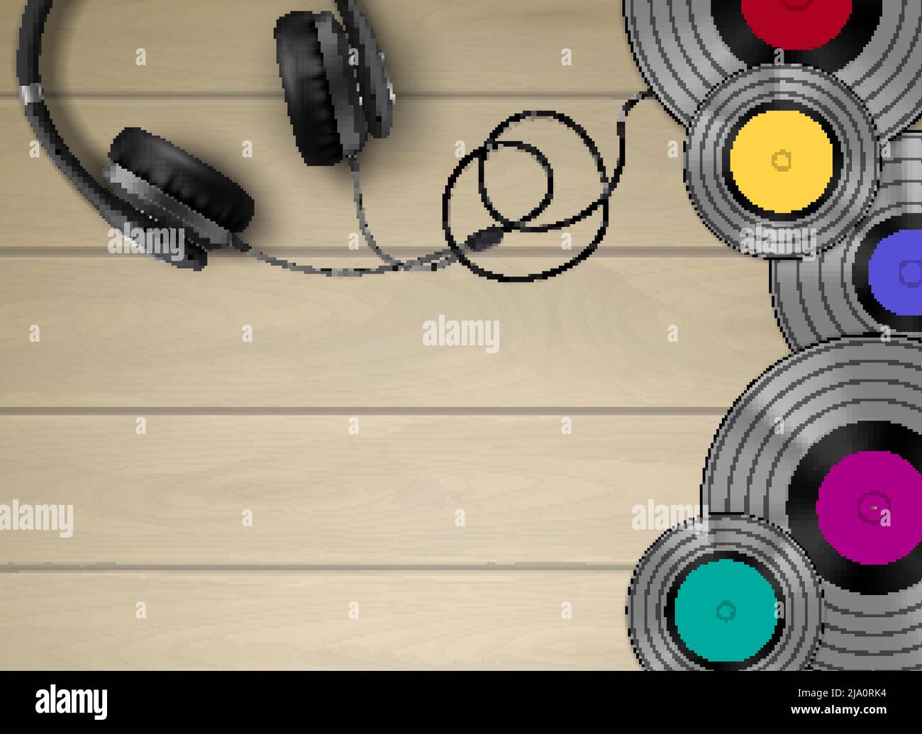 Disques rétro en vinyle et casque sur fond de sol en bois massif illustration réaliste de vecteur d'image de vue de dessus Illustration de Vecteur