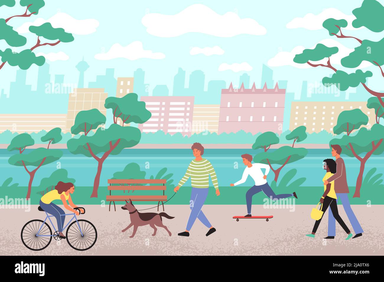 Parc de la ville à l'arrière-plan plat avec des personnes marchant le long de la bankment avec des planches à roulettes pour chiens et des vélos illustration vectorielle Illustration de Vecteur