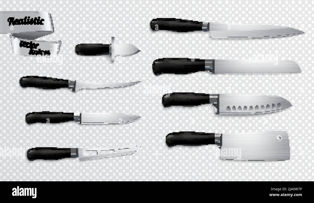 Cuisine butchers couteaux ensemble closeup image réaliste avec trancheuse de désossage chef cleaver transparent illustration vectorielle d'arrière-plan Illustration de Vecteur