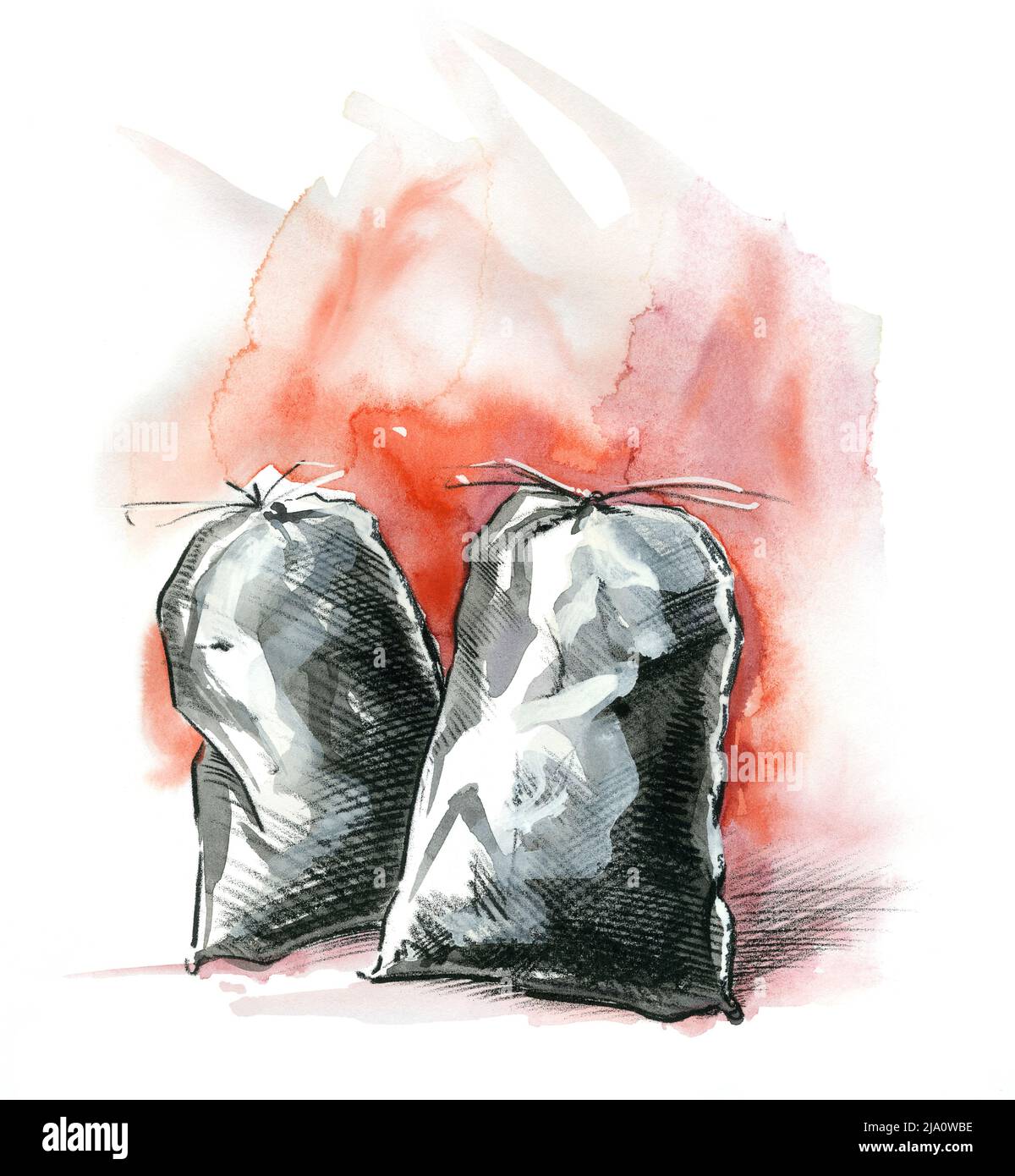 Illustration aquarelle et crayon montrant deux sacs gris dans le dos rouge Banque D'Images