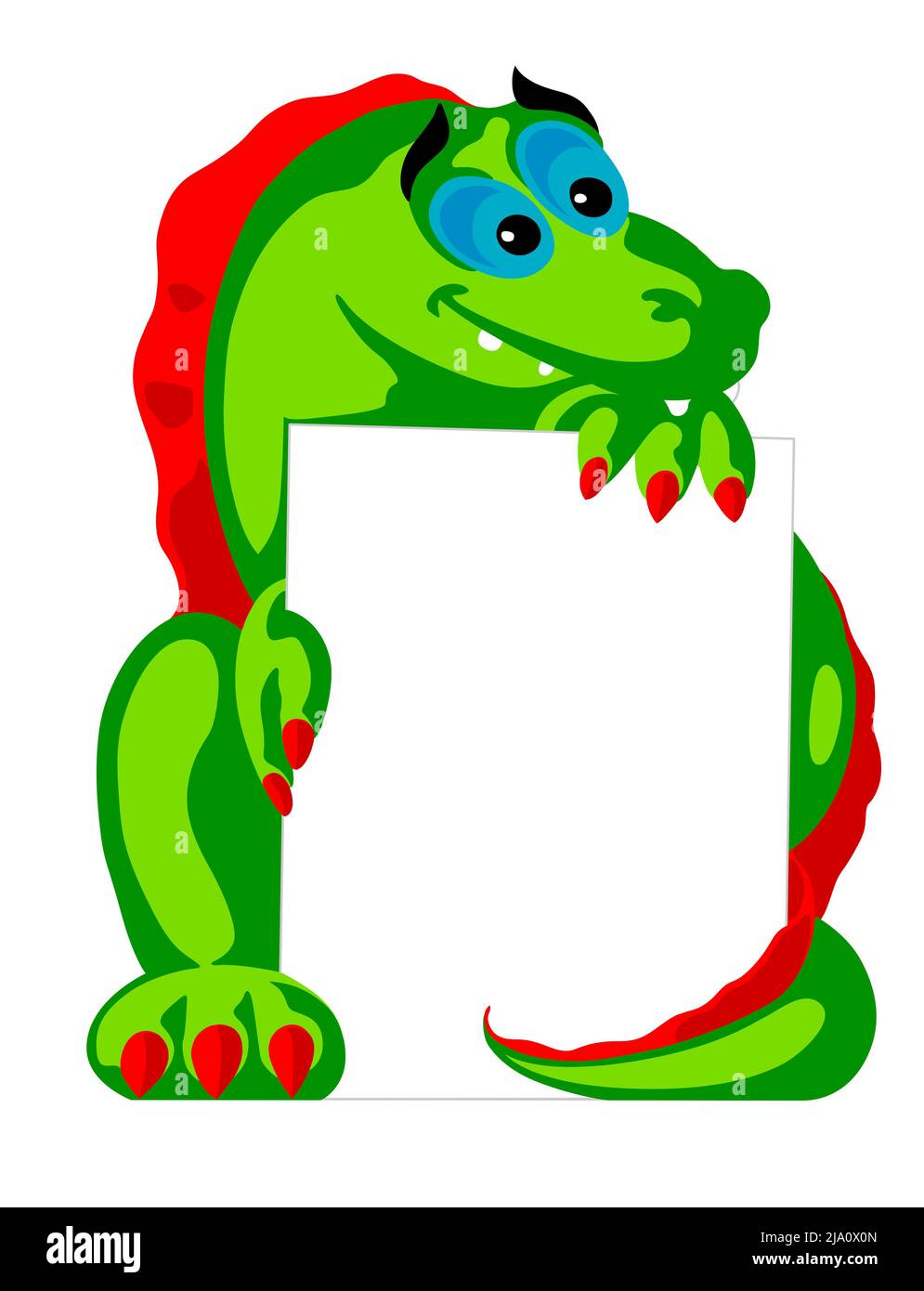 Illustration amusante d'un dinosaure coloré tenant un panneau blanc Banque D'Images
