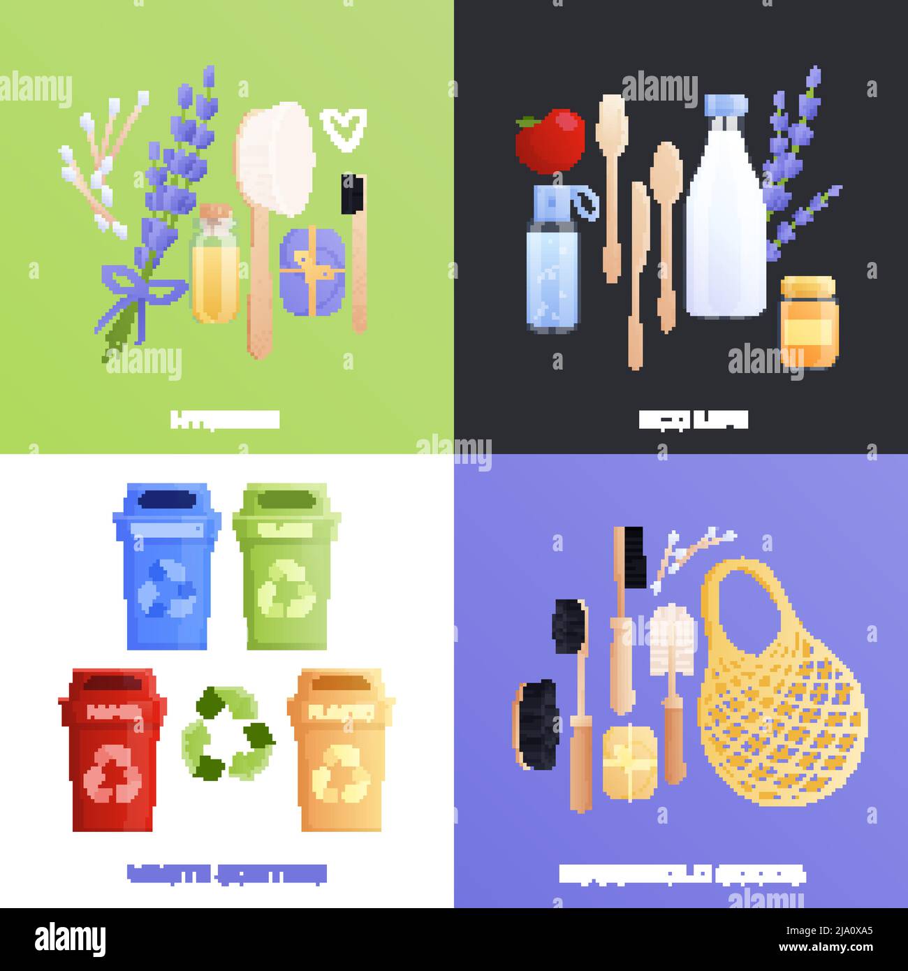 Kit de compositions 2 x 2 Eco goods avec images plates isolées d'objets de tous les jours recyclables avec illustration vectorielle de texte modifiable Illustration de Vecteur