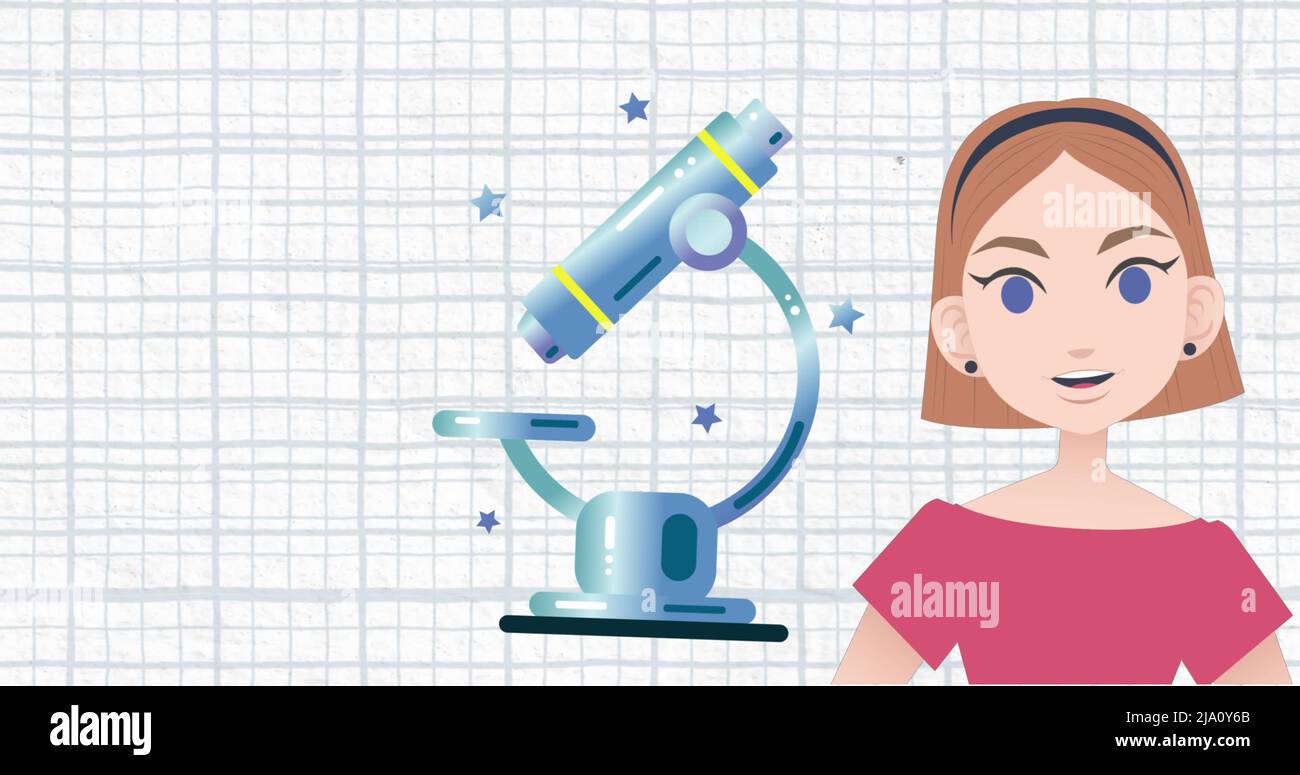 Image d'une femme parlant au-dessus de l'icône du microscope Banque D'Images