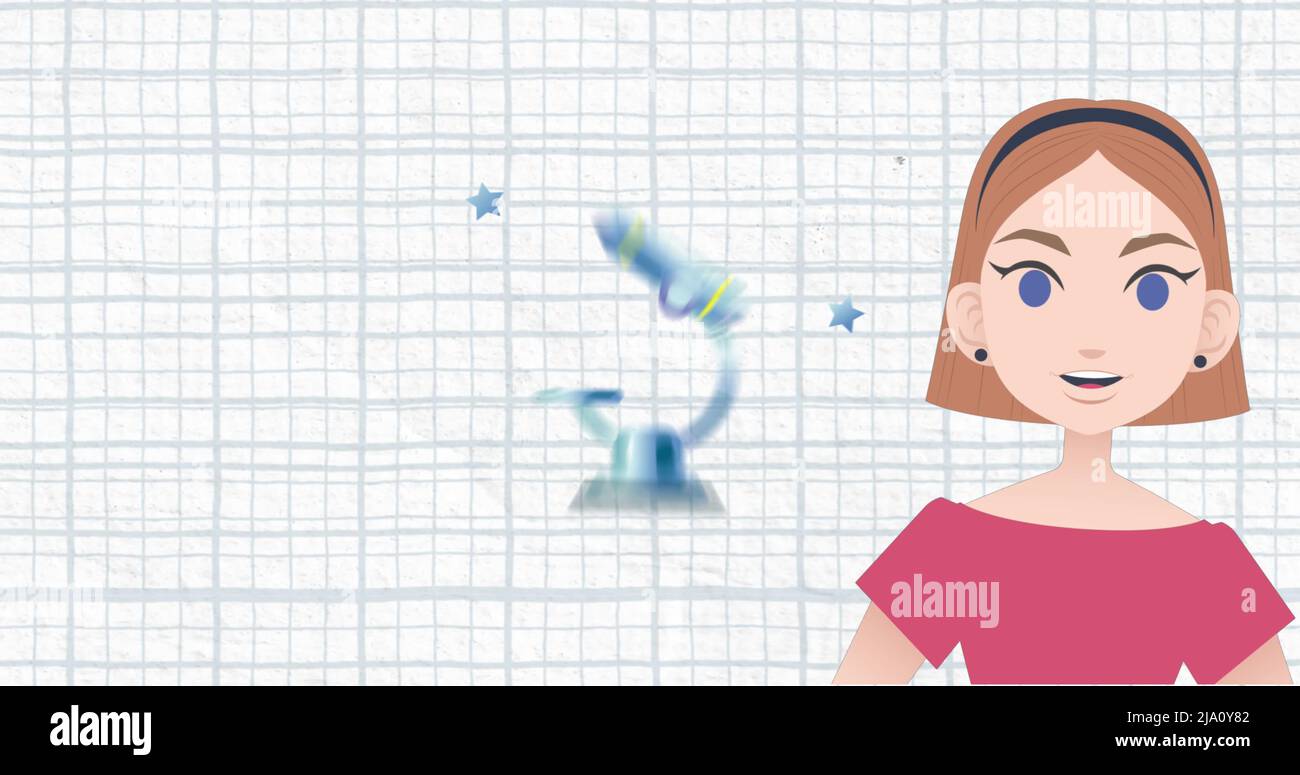 Image d'une femme parlant au-dessus de l'icône du microscope Banque D'Images