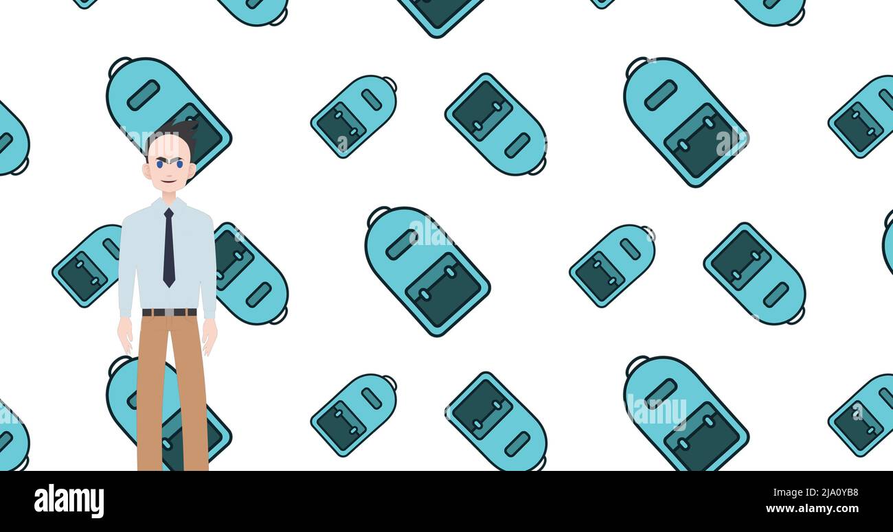 Image d'un homme parlant au-dessus des icônes de sac d'école Banque D'Images