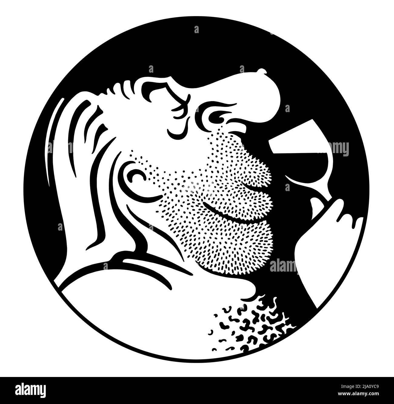 Illustration en noir et blanc montrant un homme aux cheveux longs non rasé avec un verre à vin Banque D'Images