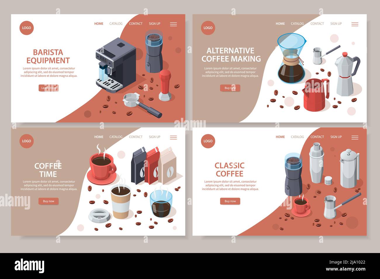 Ensemble d'équipements pour le café professionnel de barista de cartes de site Web isométriques avec tasses et paquets de machine à café illustration vectorielle Illustration de Vecteur