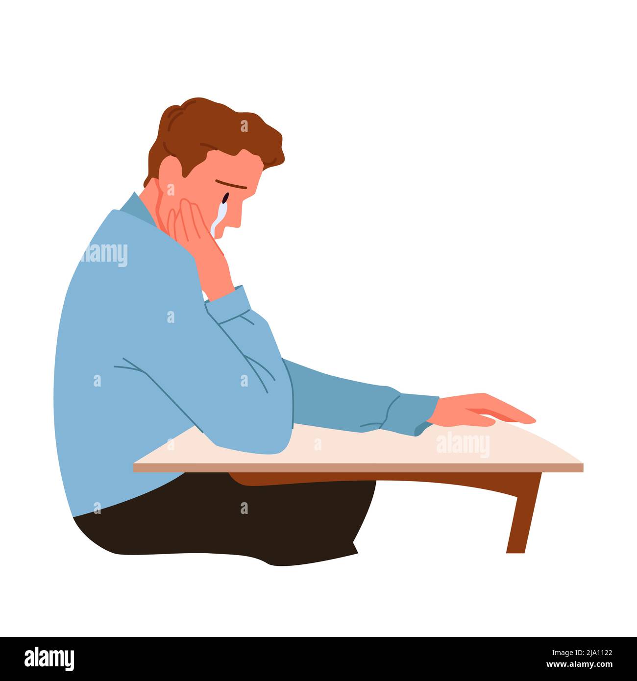 Jeune homme triste pleure, personne frustrée assise seule à la table avec des larmes sur le visage Illustration de Vecteur