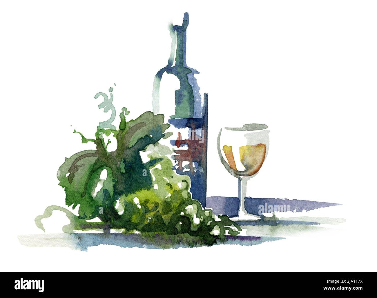 Illustration aquarelle d'un raisin de vin vert avec feuilles et bouteille de vin dans le dos blanc Banque D'Images