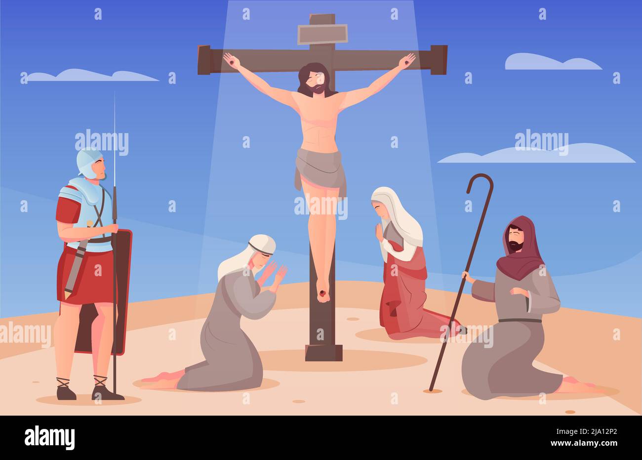Jésus christ a crucifié sur la croix et les gens sur leurs genoux autour de lui illustration vectorielle plate Illustration de Vecteur