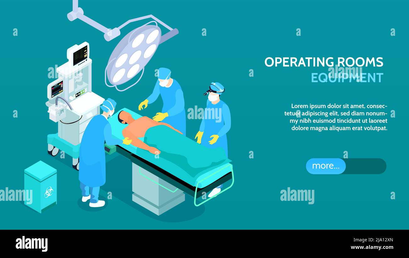 Equipement de salle d'opération médicale bannière horizontale isométrique lampes de table chirurgicale unité de soins intensifs illustration du vecteur de traitement du patient Illustration de Vecteur