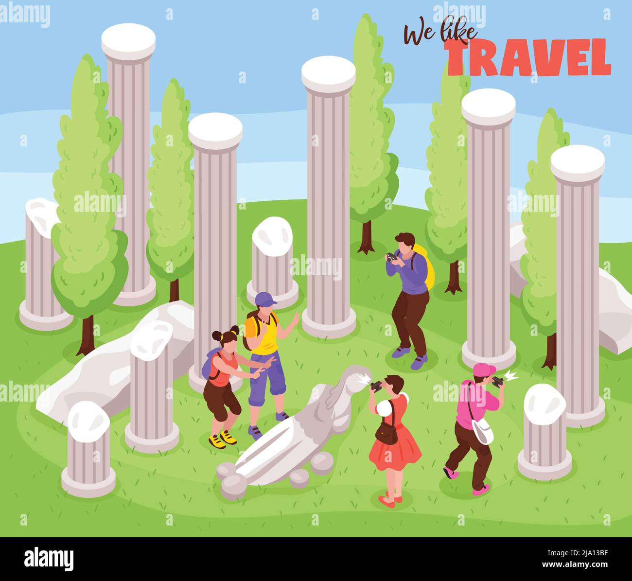 Voyage voyage vacances voyage composition isométrique avec les touristes parmi les piliers antiques de monuments sculptures faisant des photos illustration vectorielle Illustration de Vecteur