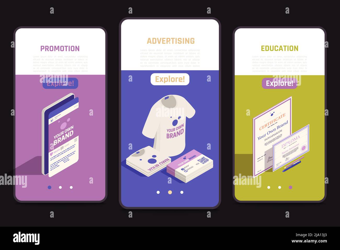 Auto-promotion stratégies de marque isométriques écrans mobiles ensemble avec éducation marketing diplôme image vectorielle d'identité d'entreprise Illustration de Vecteur