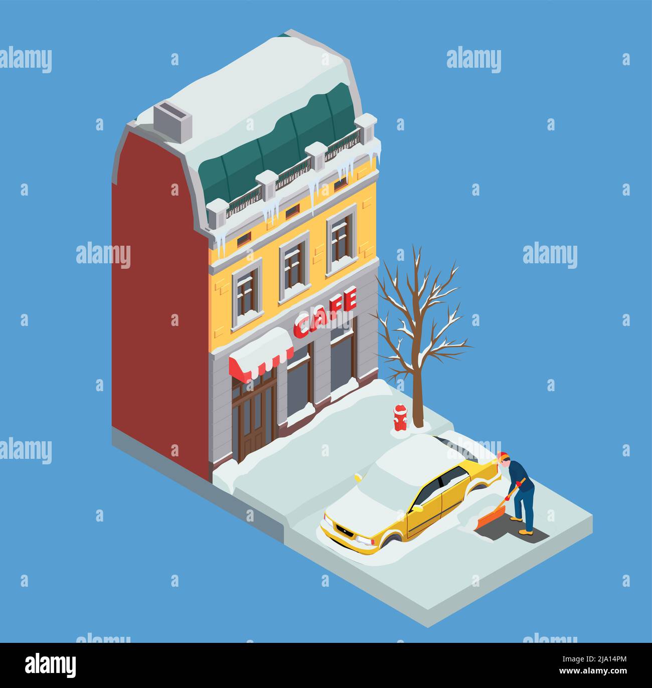 Déneigement fond isométrique avec l'homme nettoyant espace autour de sa voiture sur l'illustration vectorielle de la zone résidentielle Illustration de Vecteur