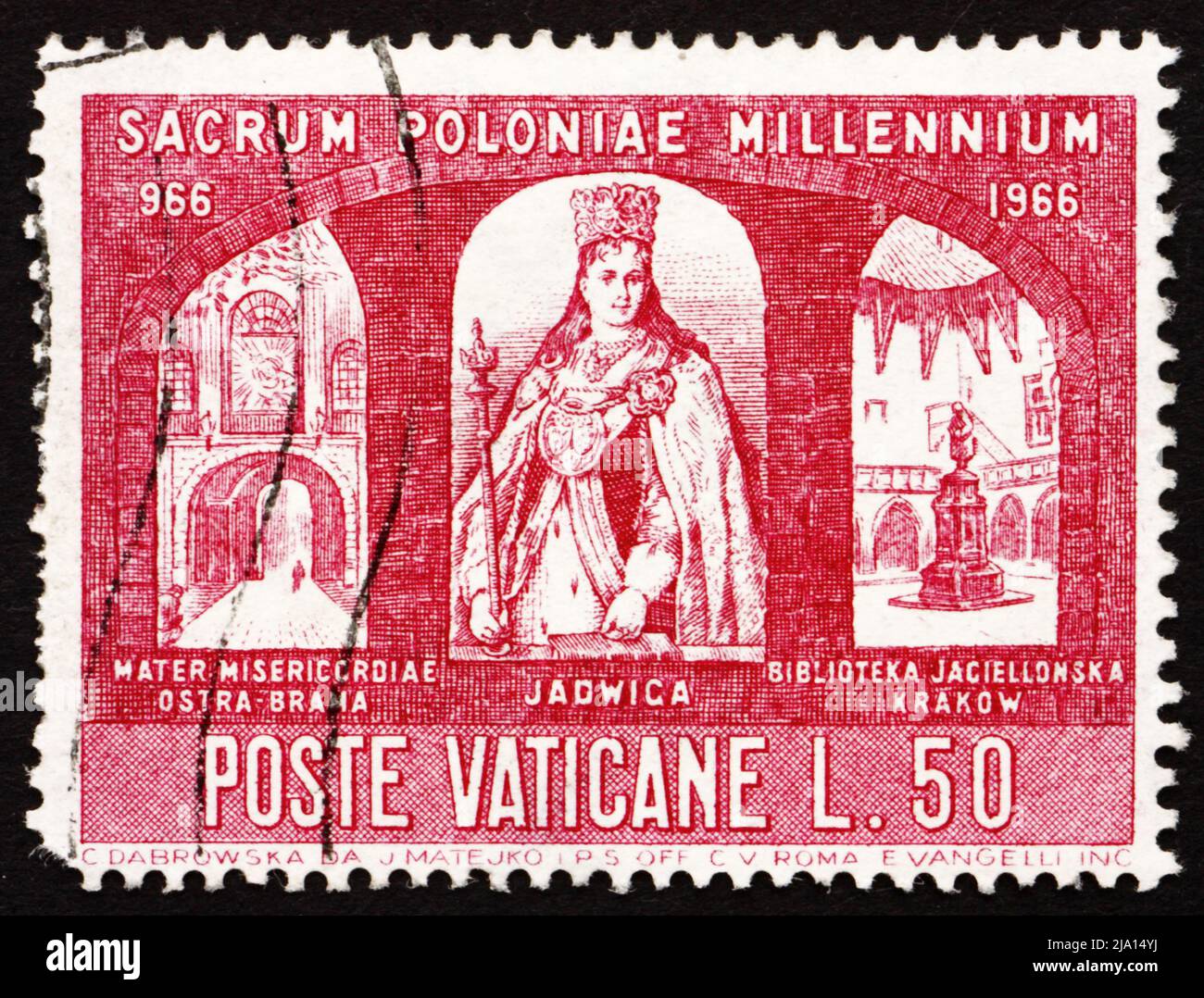 VATICAN - VERS 1966: Un timbre imprimé au Vatican montre la Reine Jadwiga, porte Sainte avec notre Dame de la Miséricorde, Vilnius et la bibliothèque de l'Université Jagellon, C Banque D'Images