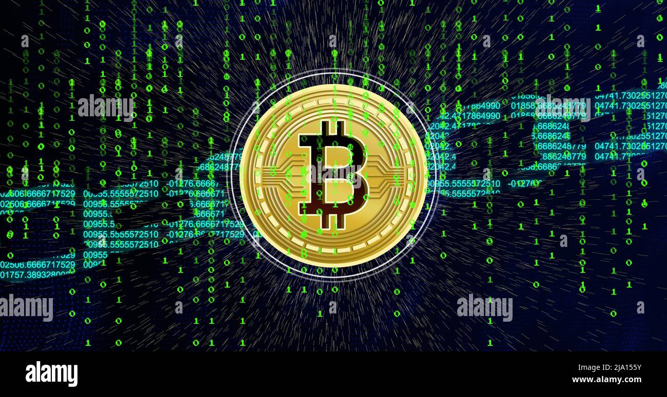 Image du symbole de bitcoin et de la chaîne de blocs sur fond noir avec des lettres vertes Banque D'Images