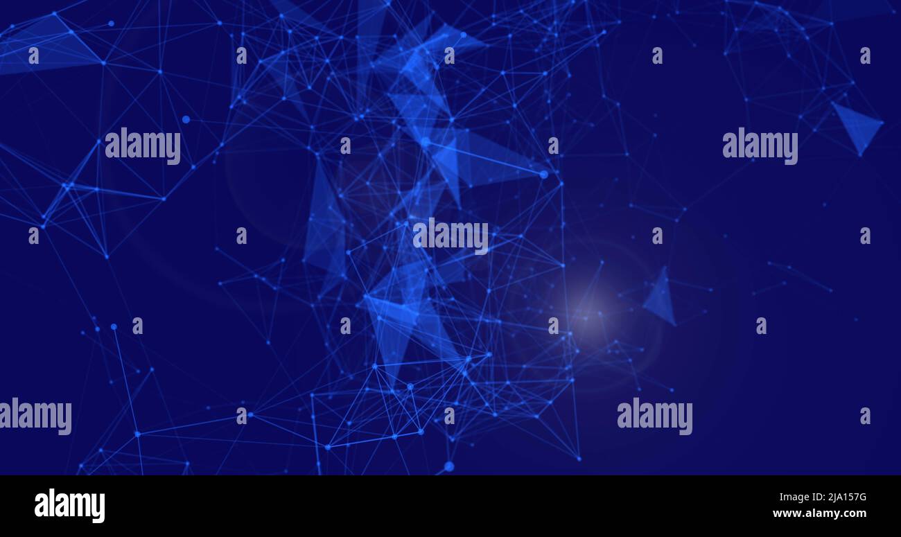 Image d'un réseau de connexions bleu brillant tournant sur fond bleu Banque D'Images