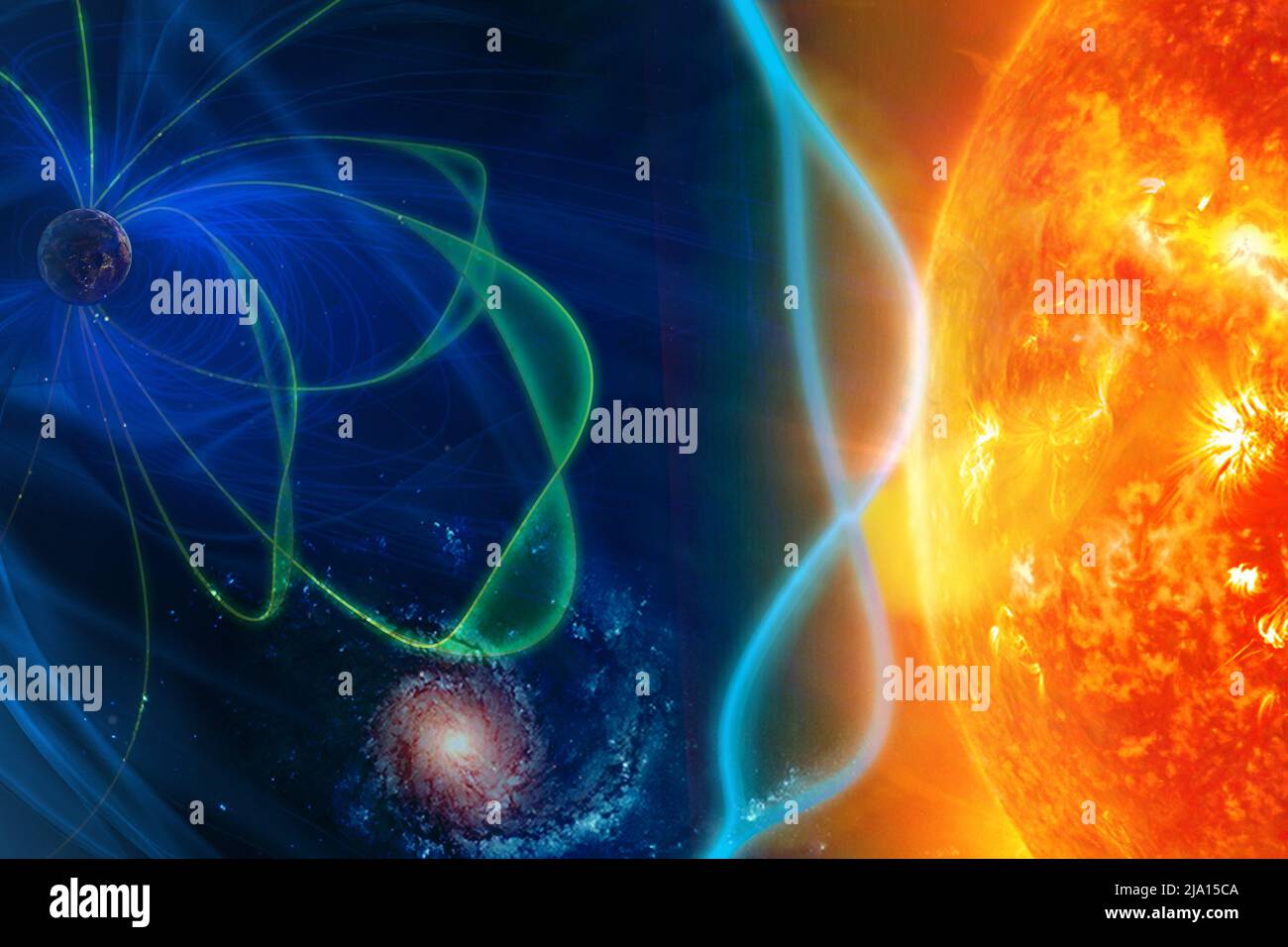 Interaction de la planète Terre, du Soleil et des galaxies lointaines sous forme de champs gravitationnels dans l'espace. Éléments de cette image fournis par la NASA. Banque D'Images