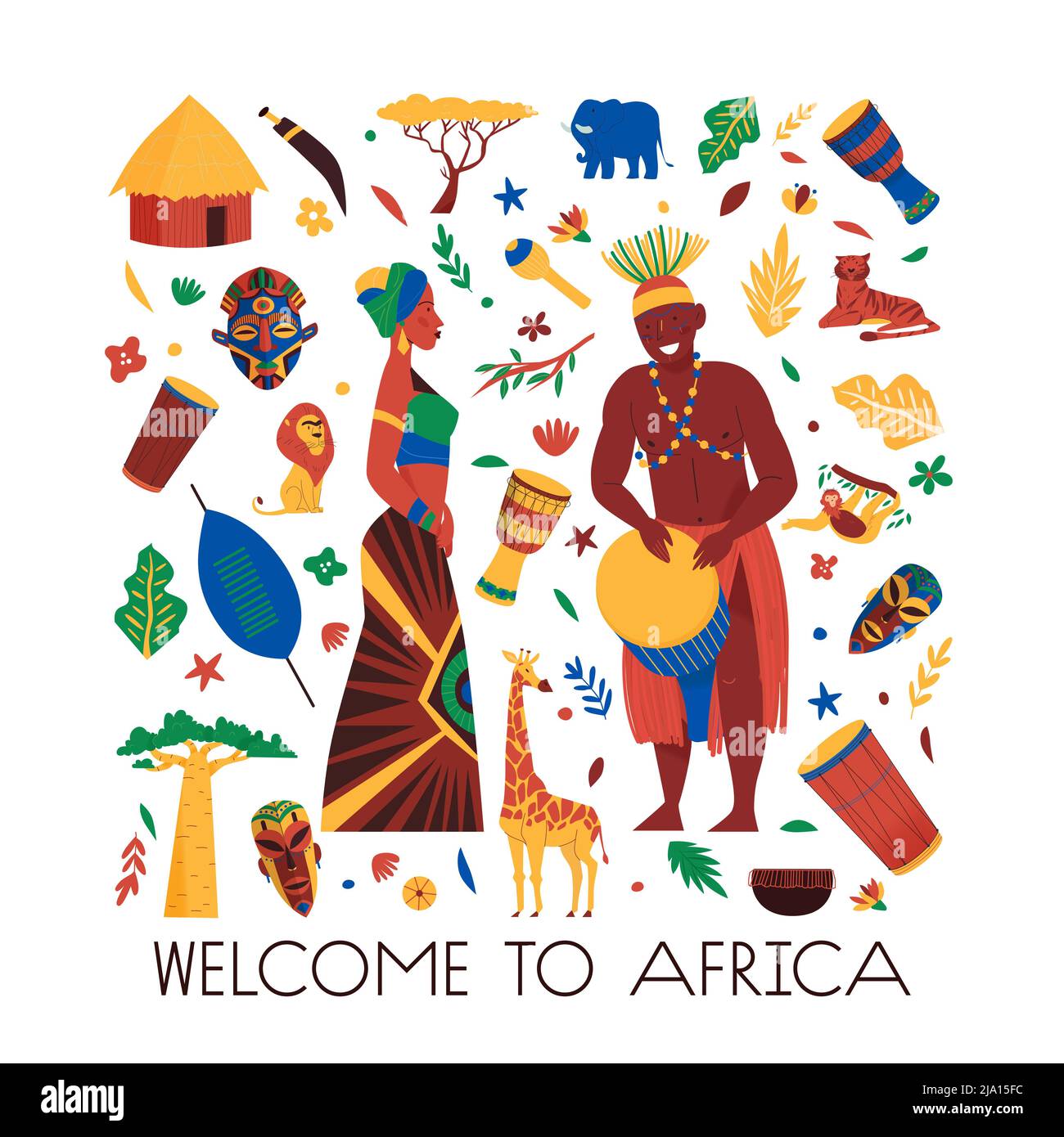 Composition africaine avec texte modifiable et icônes isolées des animaux masque les plantes exotiques et l'illustration vectorielle des peuples africains Illustration de Vecteur