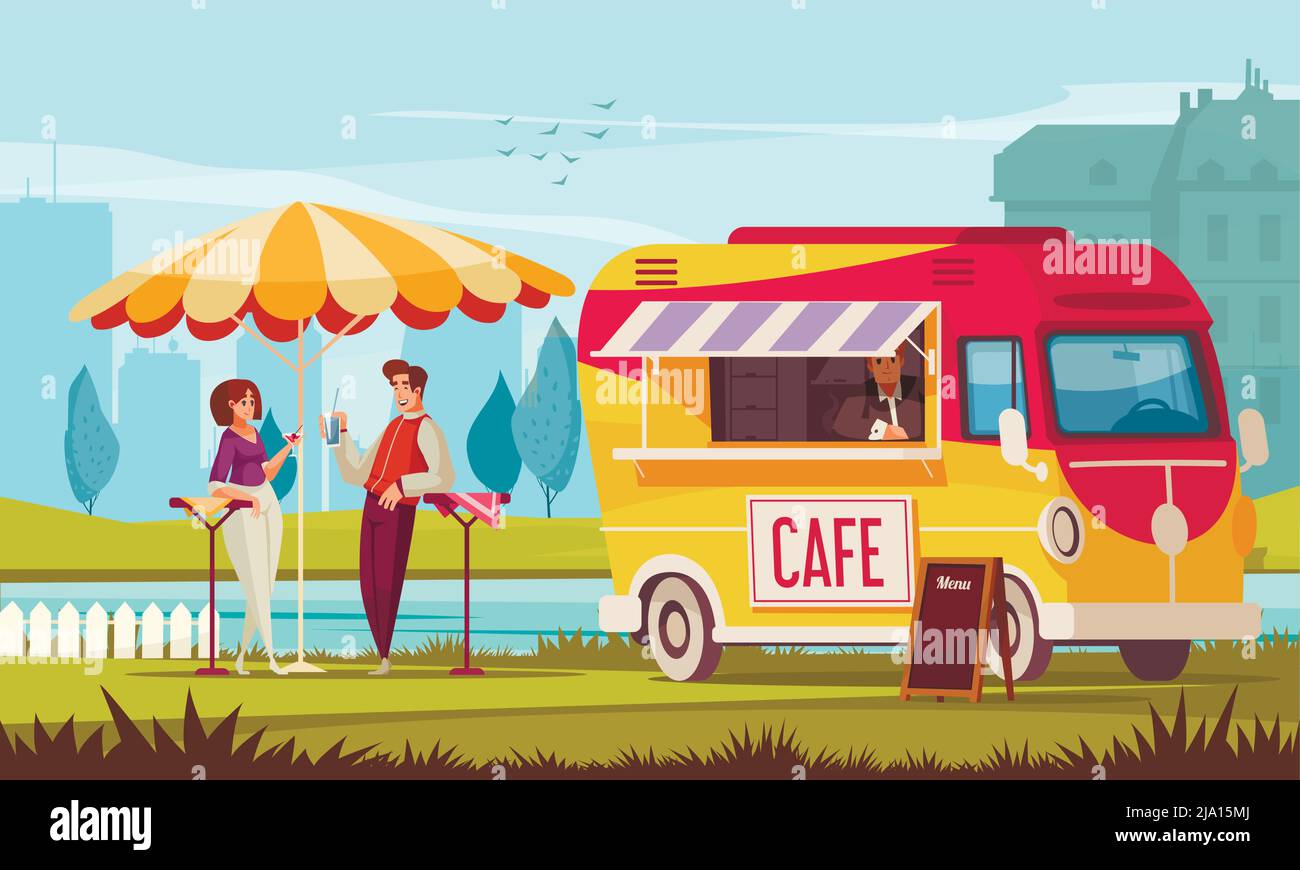 Street café bus dans le parc de la ville composition de dessin animé avec jeune couple appréciant des boissons rafraîchissantes illustration vectorielle extérieure Illustration de Vecteur