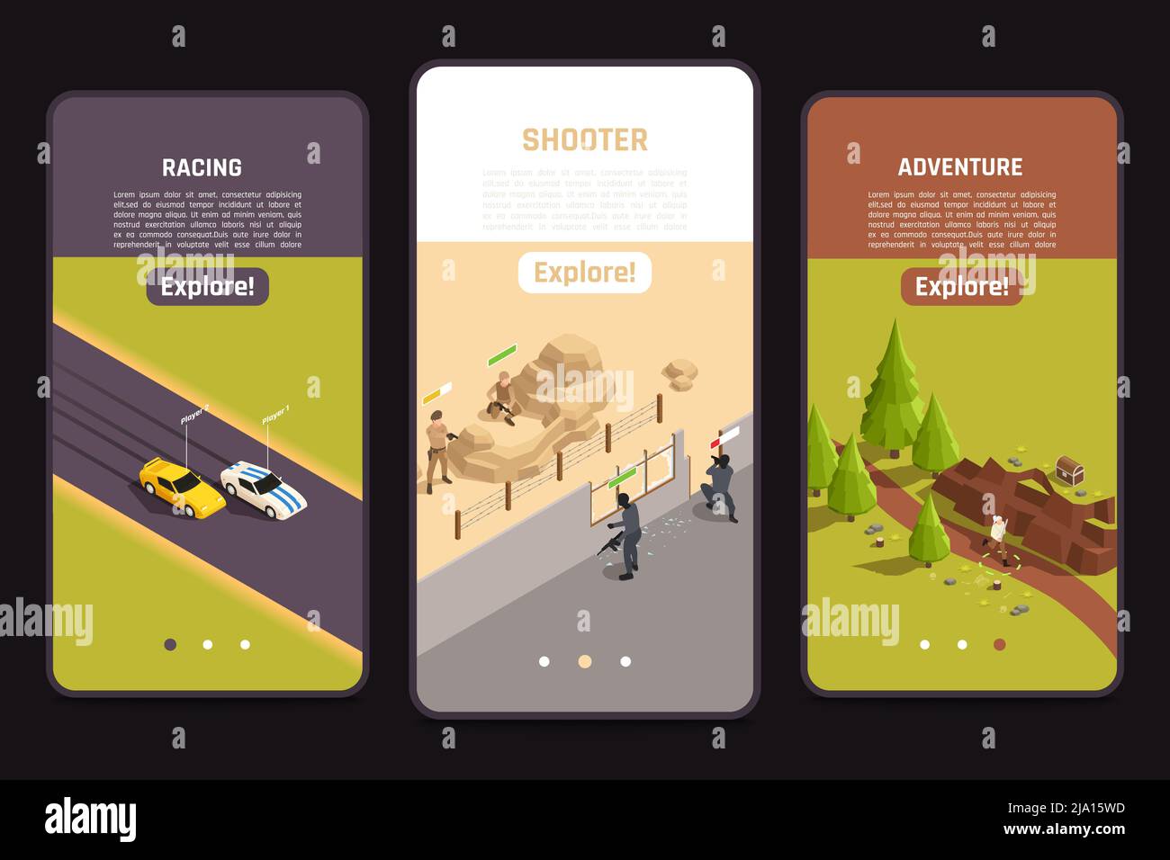 Application de jeu mobile plein écran 3 écrans isométriques pour smartphone avec illustration vectorielle de tir d'aventure en plein air de course automobile Illustration de Vecteur