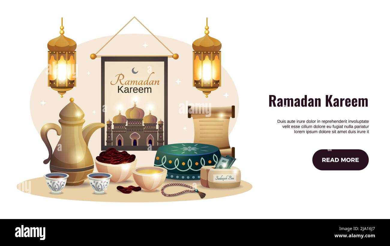 Bannière horizontale de Ramadan kareem avec lanternes brillantes et illustration traditionnelle du vecteur alimentaire iftar Illustration de Vecteur