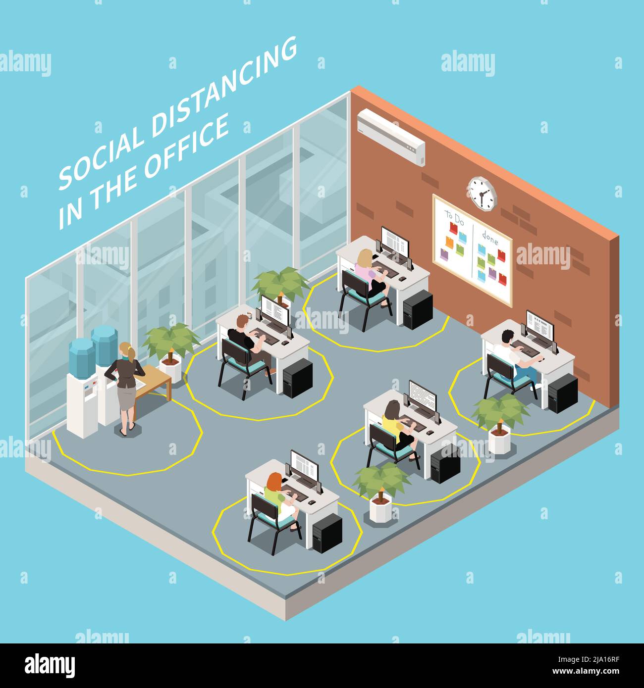 Composition isométrique à distance sociale avec vue en intérieur du bureau avec des lieux de travail éloignés l'un de l'autre illustration vectorielle Illustration de Vecteur