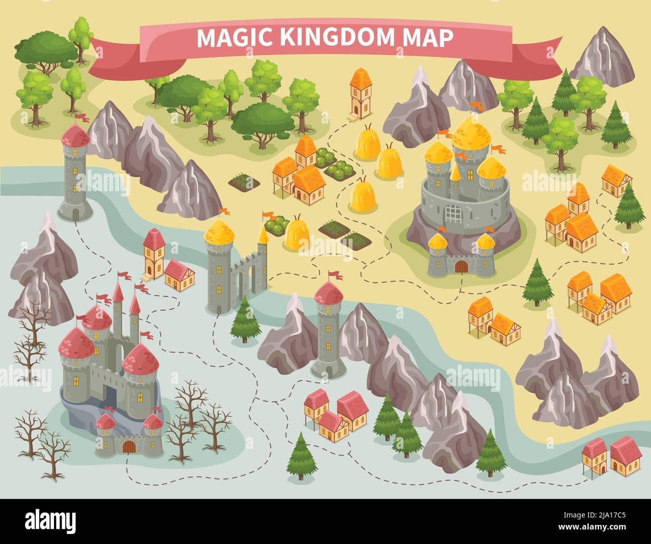 Carte isométrique colorée du royaume magique avec châteaux forêt ville illustration vectorielle 3d Illustration de Vecteur