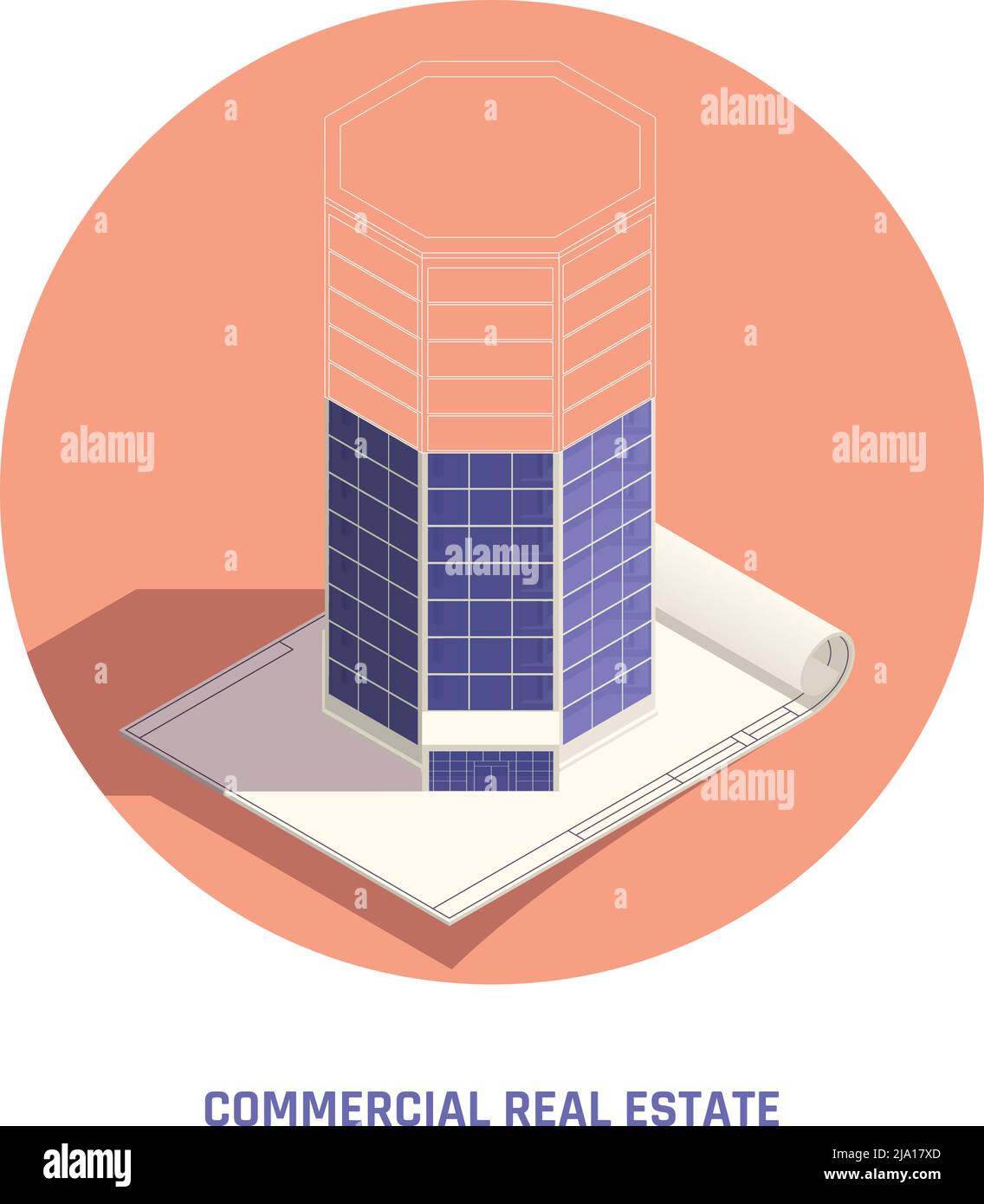 Commercial immobilier technique dessin architecture esquisse circulaire composition isométrique de structure octogonale sur le vecteur illustrateur Illustration de Vecteur