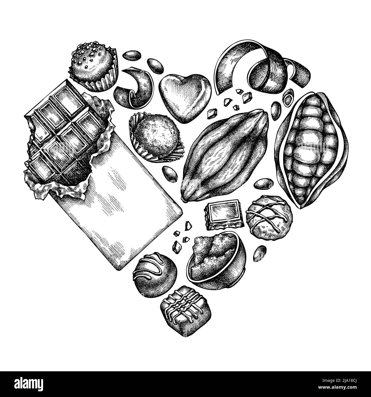 Coeur avec grains de cacao noir et blanc, cacao, chocolat, bonbons au chocolat Illustration de Vecteur