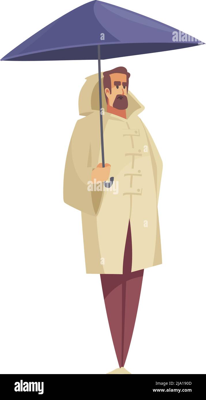 Composition de pluie de mauvais temps avec caractère isolé de l'homme barbu portant un manteau tenant parapluie illustration vectorielle Illustration de Vecteur
