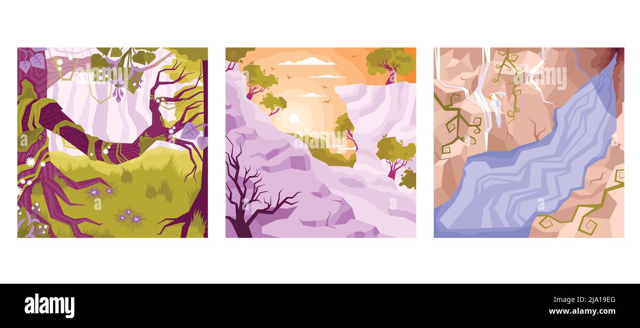 Trois carrés paysage plat icône avec des vignes dans les jungles coucher ou lever du soleil et illustration du vecteur de rivière Illustration de Vecteur