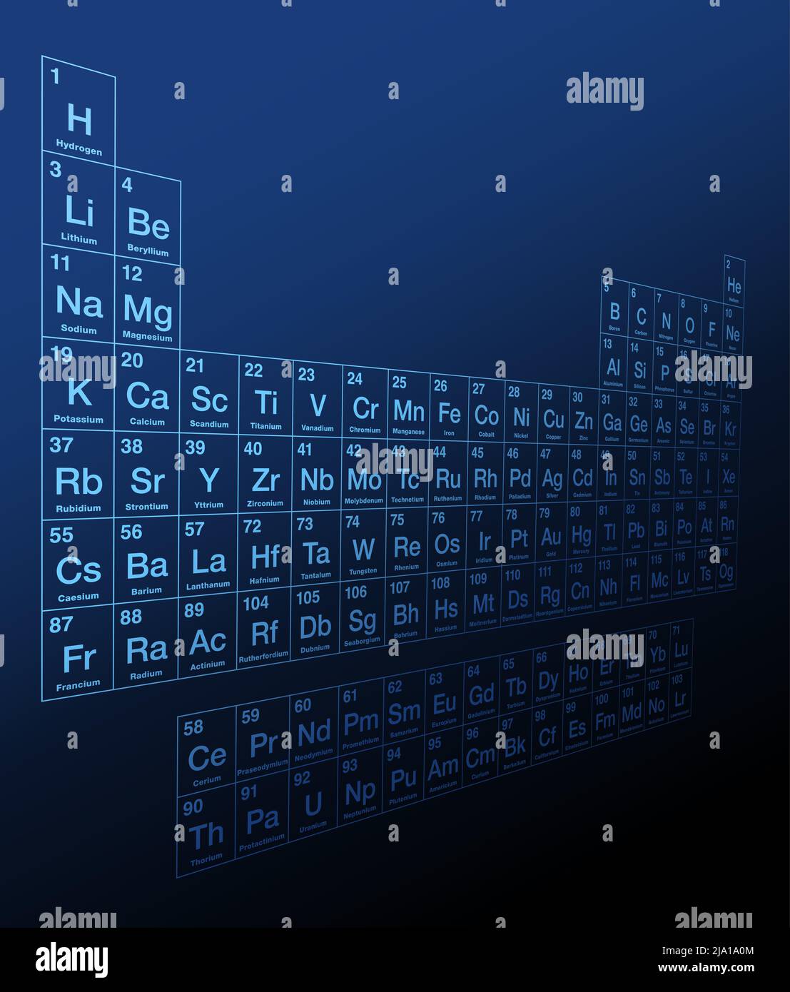 Tableau périodique des éléments. Vue latérale tridimensionnelle d'un tableau périodique bleu sur fond bleu foncé. Affichage tabulaire de 118 éléments. Banque D'Images