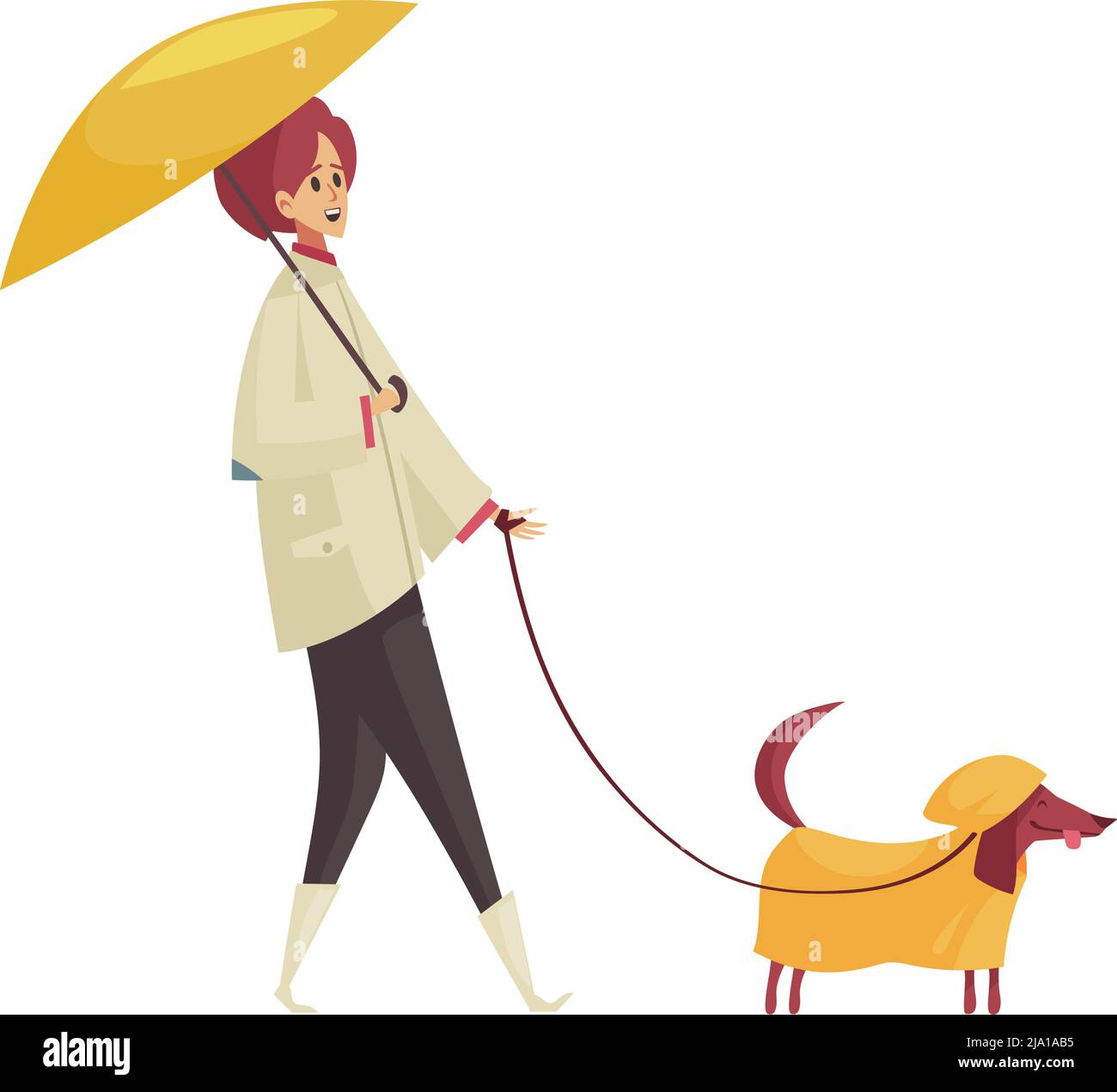 Composition de pluie de mauvais temps avec caractère isolé de la femme tenant parapluie marchant son chien vecteur illustration Illustration de Vecteur