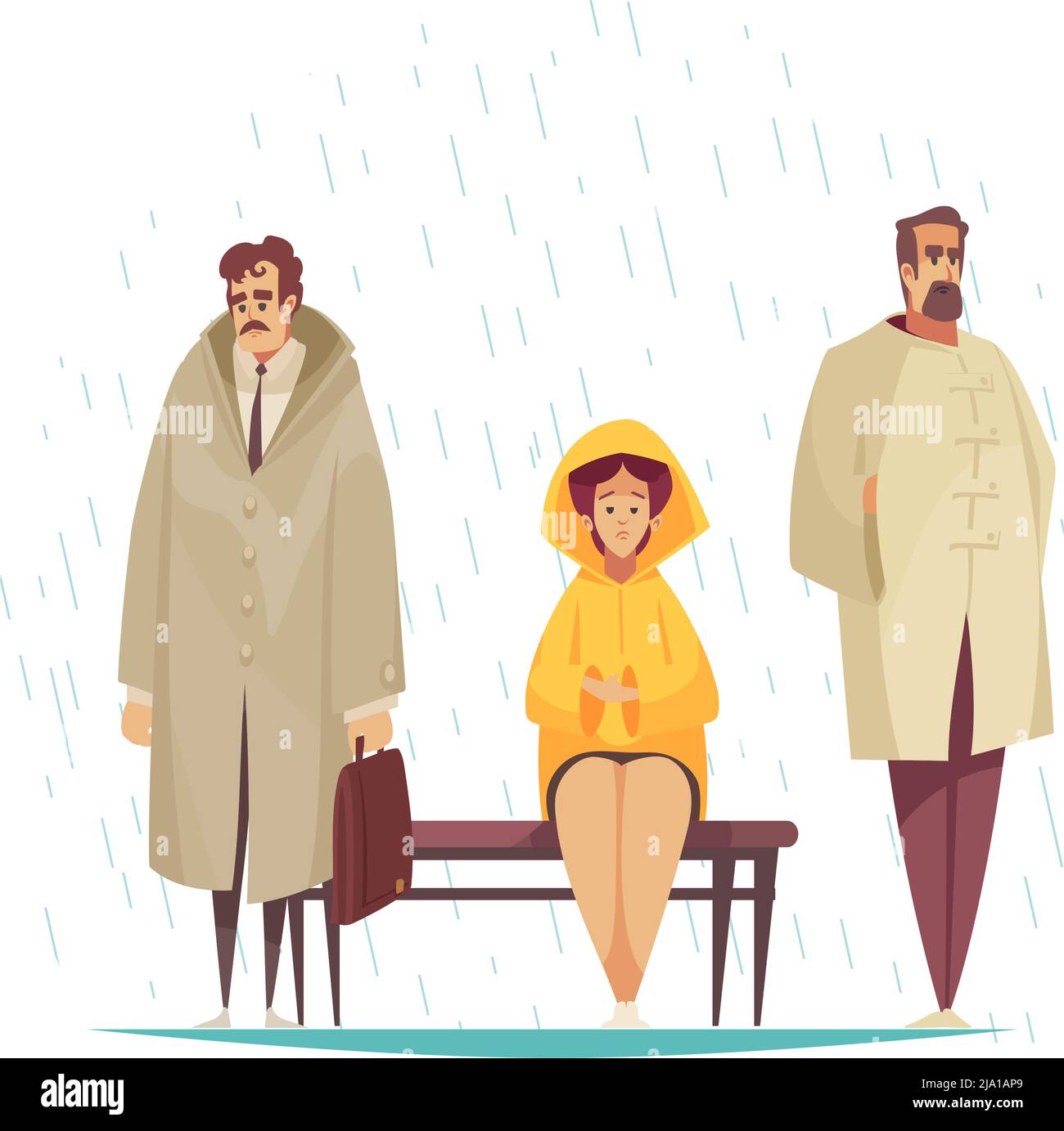 Composition de mauvais temps avec des personnages de personnes tristes debout sur l'arrêt de bus sous la pluie gouttes illustration du vecteur Illustration de Vecteur