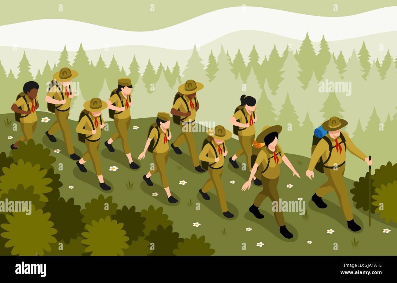 Des mentors adultes guidant les scouts de jeunes randonnée de groupe à la forêt sauvage nature fond illustration isométrique vecteur Illustration de Vecteur
