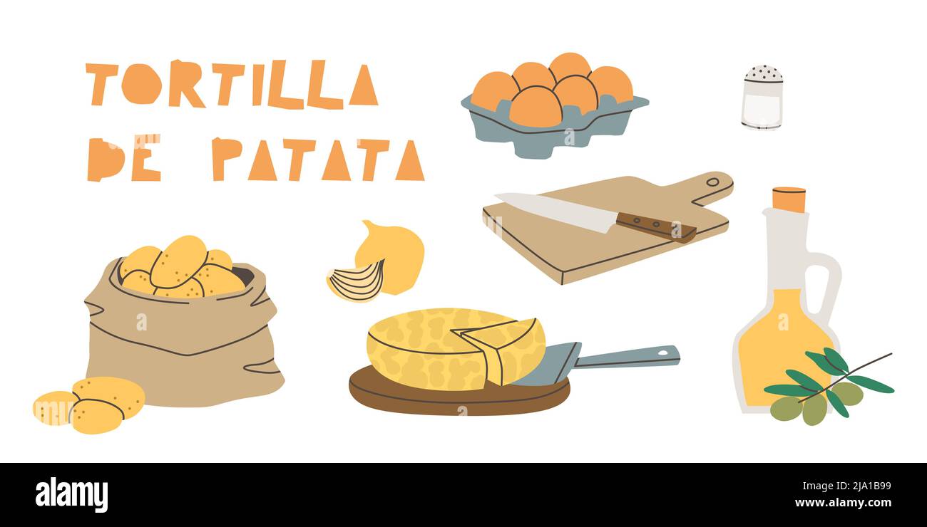 Ingrédients pour omelettes de pommes de terre espagnoles - tortilla de patata. Huile d'olive, oignons, pommes de terre, œufs, planche à découper et couteau. Illustration vectorielle sur un blanc Illustration de Vecteur