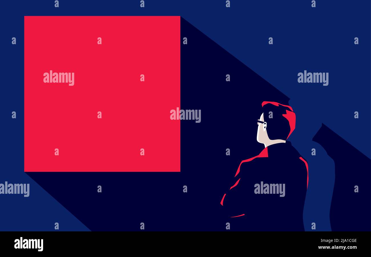 L'homme regarde le carré coloré. Il y a de l'espace pour le texte Illustration de Vecteur