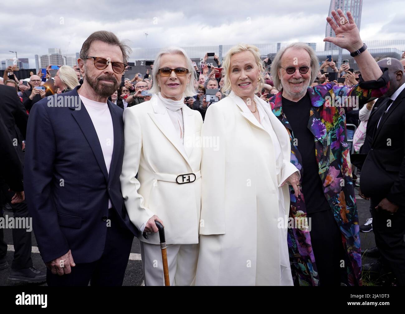 (De gauche à droite) Bjorn Ulvaeus, Anni-Frid Lyngstad, Agnetha Faltskog et Benny Andersson participant au lancement du concert numérique Abba Voyage à l'ABBA Arena, parc olympique de la Reine Elizabeth, à l'est de Londres. Date de la photo: Jeudi 26 mai 2022. Banque D'Images