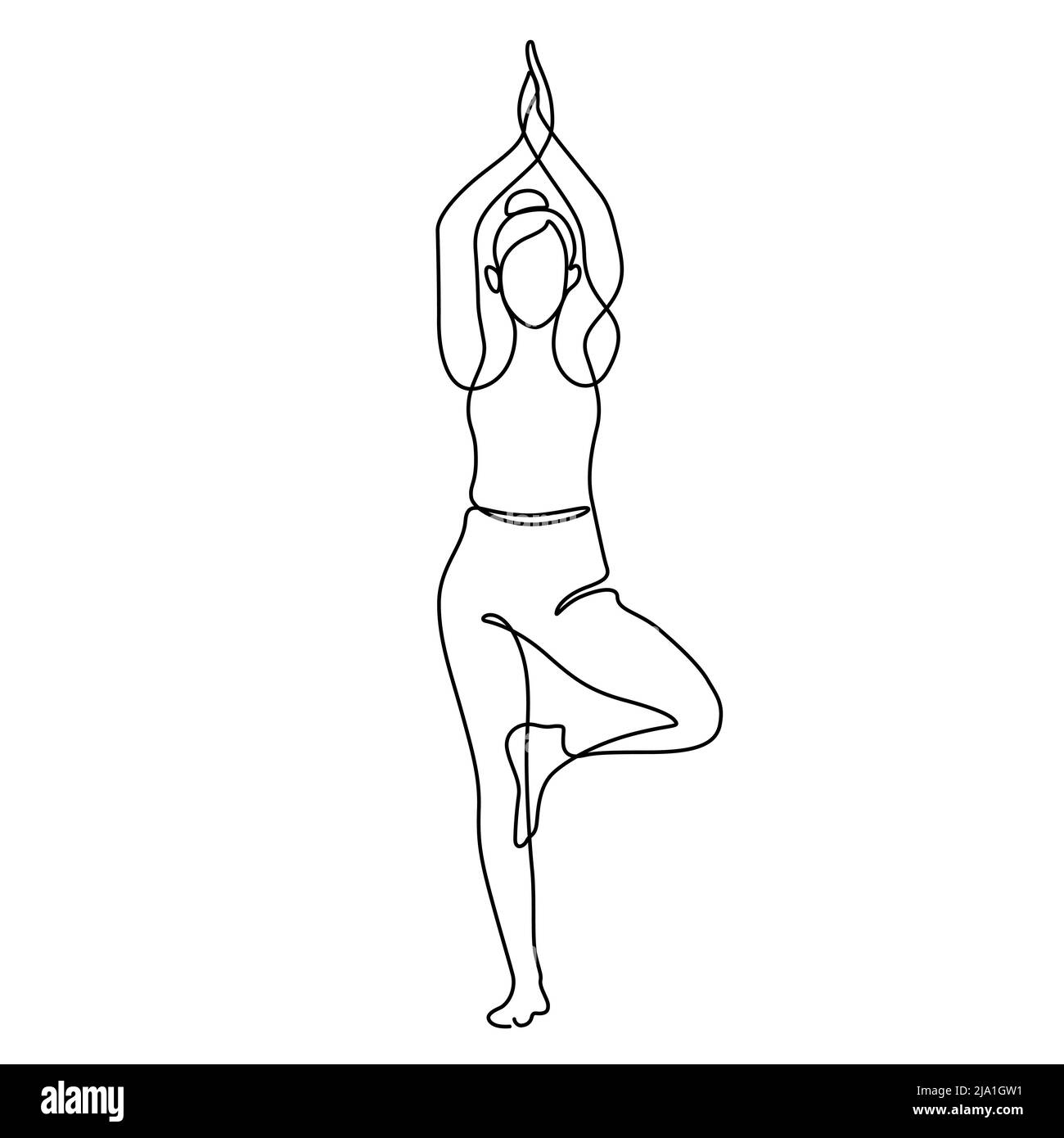 femme dans l'arbre pose schéma de yoga. Mise en plan d'une ligne et style continu isolés sur fond blanc. Illustration de Vecteur